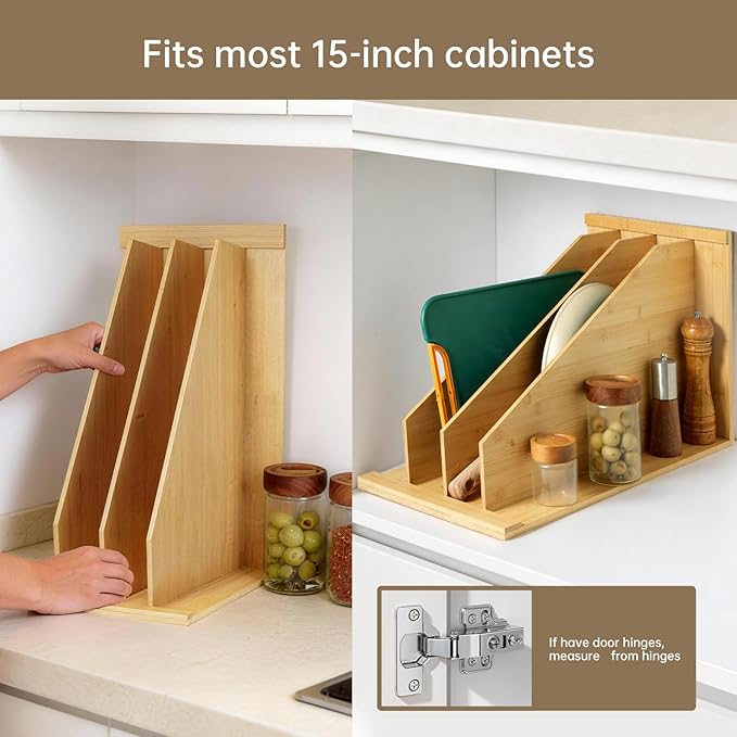 Tray Dividers for Kitchen Cabinets，cookie sheet divider for cabinet | (14"H x 21.3"D) - Bamboo Cabinet Organizer with 3 Dividers for Cookie Sheets, Baking Pans, Cutting Boards & Pot Lids - Image 5