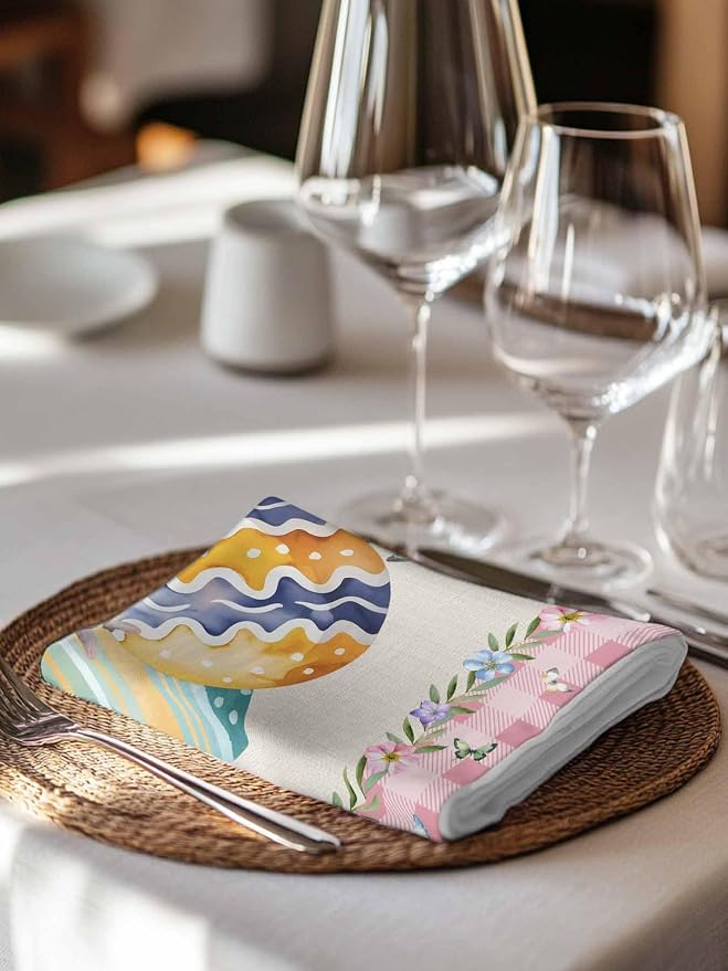 Easter Eggs Cloth Napkins Set of 8, Spring Watercolor Bunny Butterflies Floral Pink Buffalo Plaid Dinner Napkins Cloth Washable, Cocktail Napkins Reusable for Wedding, Party, (20"x20") - Image 3