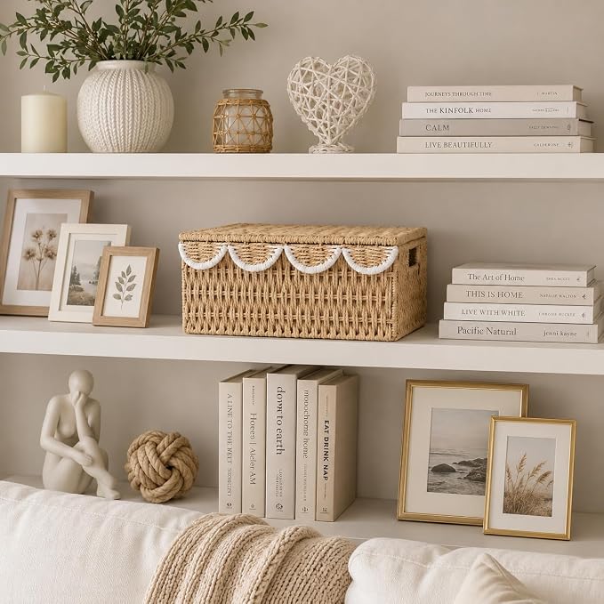 Wicker Basket with Scalloped Edge Lid, Water Hyacinth Storage Basket with Built-in Handles, Handwoven Wicker Box for Living Room, 15" L x 11 ¼" W x 7" H (Paper Rope-2) - Image 2