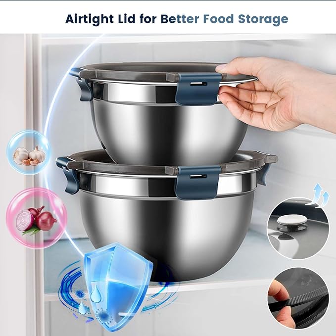 Daily Treasures Mixing Bowls with Airtight Clear Lids Set of 3,Thicker Stainless Steel Mixing Bowl Set,Nesting Bowls for Cooking, Prepping, Baking, Serving & Food Storage, Size 5, 3, 1.5QT - Image 6