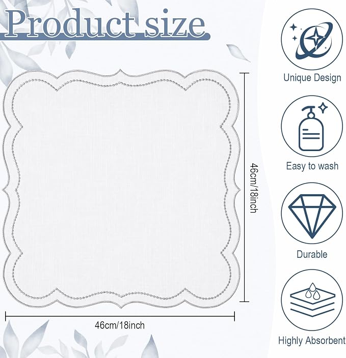 Hahafelt Cloth Napkins 18x18inches Scalloped Embroidery Cloth Napkins Washable Polyester Table Dinner for Hotel Restaurant Weddings Events Parties (Sliver,6 Set) - Image 2