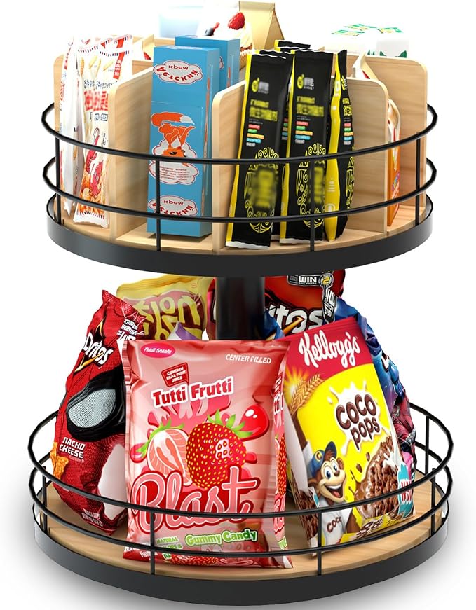 Snack Organizer - Versatile Snack Storage 2 Tier Lazy Susan with Convenient Grab-and-Go Design, Wood and Metal Snack Holder for Home, Office, Breakroom, 12.13" L x 12.13" W x 12.56" H by NANAGIFTREE