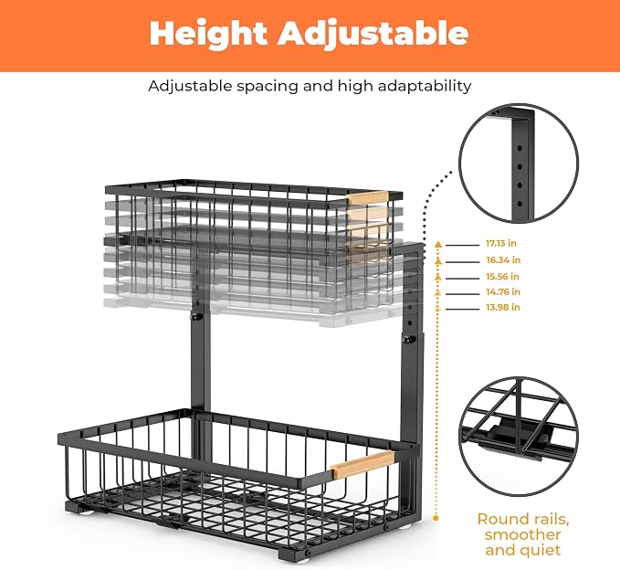 2 Pack Under Kitchen Sink Organizer, 2 Tier Pull Out Cabinet Organizer, Metal Under Sink Organizer, Sliding Drawer Organizer for Kitchen Bathroom Pantry Cabinet Closet - Image 4
