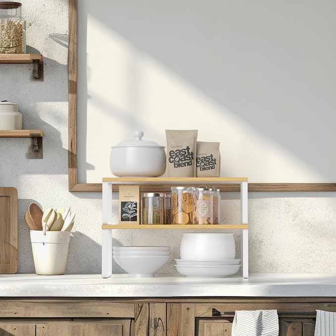 NEX Kitchen Cabinet and Counter Shelf Organizer, Stackable & Expandable, Set of 4, White and Natural - 7.7 x 15.6 x 6.2'' | Stackable Expandable Spice Rack, Space-Saving Pantry Organizers Bathroom Countertop Storage, White and Natural - Image 6