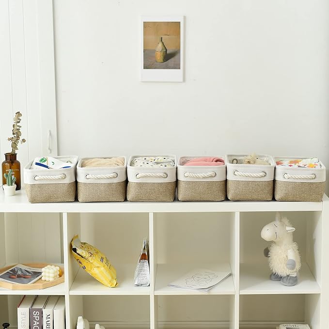 Storage Basket for Shelves - 12x8x5.2 inch Small 6 Pack Collapsible Storage Bin for Closet with Handles, Fabric Storage Cubes for Cloth Organizer Gift Toy Decorative (White & Khaki) - Image 4