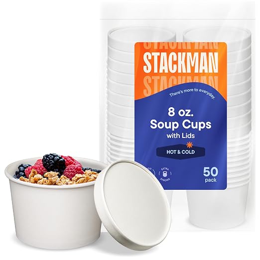 [8 oz. - 50 Sets] Paper Food Container with Lid, Insulated Food Cups with Vented Lids - Hot or Cold To Go Soup Cup, for Soups, Ice Cream and Yogurt - Eco-Friendly - White | Insulated Food Cups with Vented Lids, Hot or Cold To Go Soup Cup for Soups Ice ... by StackMan