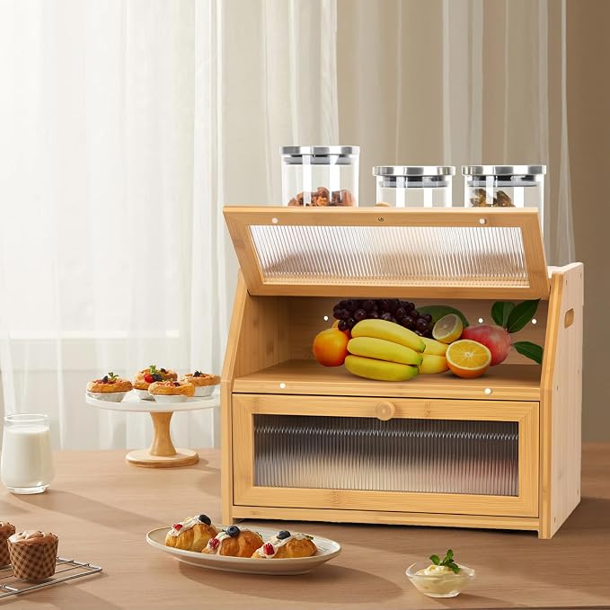 Large Bread Box for Kitchen Countertop, Wooden Bread Bin with Double Layer Storage and 0.6-inch Thick Natural Wood Panels, Rustic Bread Box Organizer for Kitchen (Natural Wood) - Image 7