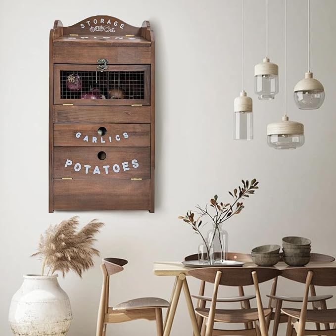 ARTAWEIN Pine Wood Veggie Bin for Potato, Onion and 1 Garlic Drawer Vegetable Box for Kitchen Storage, Solid Wood Vegetable Bin 13.77" L X 7.1" W X 29.3" H (Rustic Walnut) - Image 3