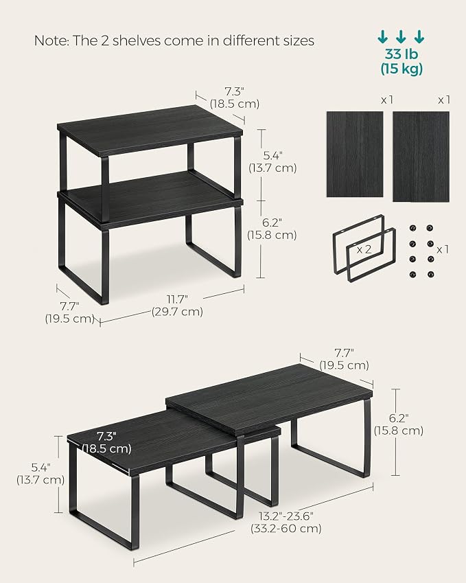 SONGMICS Cabinet Organizer Shelf, Set of 2 Kitchen Counter Shelves, Kitchen Storage, Spice Rack, Stackable, Expandable, Metal and Engineered Wood, 11.7 Inches, Ink Black and Charcoal Black UKCS02B01 - Image 6