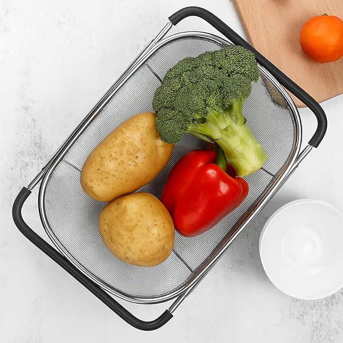 Premium Quality Over The Sink Stainless Steel Oval Colander with Fine Mesh 6 Quart Strainer Basket & Expandable Rubber Grip Handles - Strain, Drain, Rinse Fruits, Vegetables1 (1) - Image 3