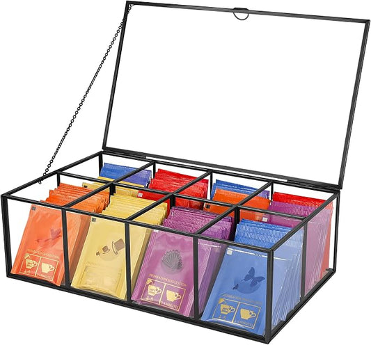 REDHUGO Glass Tea Bag Organizer, 8-Compartment Tea Storage Box, Black | Handmade glass tea bag box with lid and 8 compartments, keeps tea bags tidy for counters, kitchens and tea stations by REDHUGO