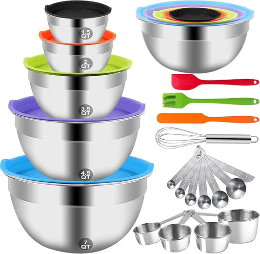 WEPSEN Mixing Bowls with Lid Set, 25PCS Kitchen Utensils Metal Bowl Stainless Steel Nesting Bowls, Measuring Cups and Spoons, Egg Whisk for Baking Prepping Cooking Serving Supplies by WEPSEN