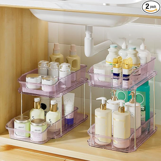 Delamu 2-Tier Under Sink Organizers and Storage, Multi-Purpose Stackable Bathroom Cabinet organizers, Pull Out Kitchen Pantry Organization and Storage with Dividers(2 Pack, Purple) by DELAMU