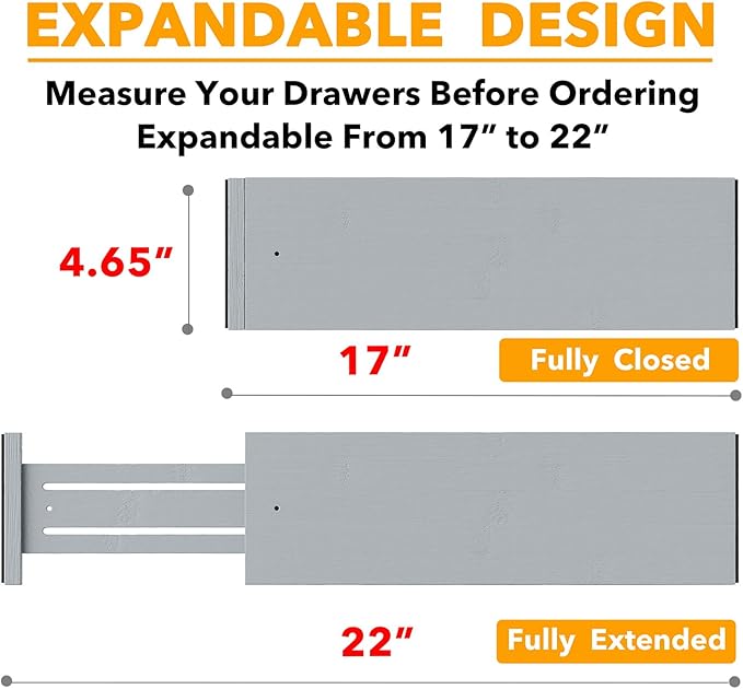 SpaceAid Bamboo 4 Pack Dresser Drawer Dividers, 4.65“ High Adjustable 17“-22” Drawer Organizers, Expandable Organization for Clothing, Clothes, Dressers, Gray - Image 3