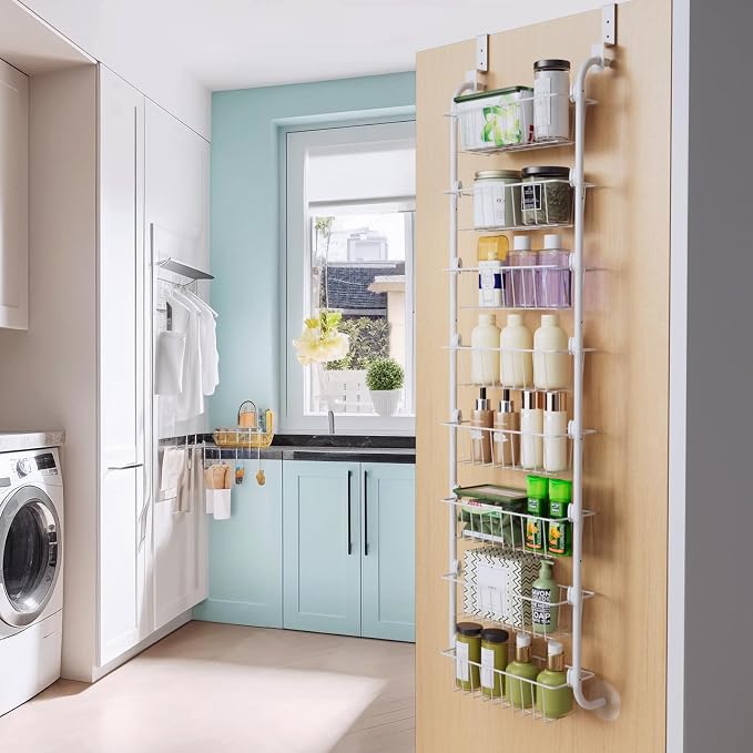 Delamu Narrow Over The Door Pantry Organizer, 8-Tier Metal Pantry Door Organization and Storage for Easy Install, Hanging Spice Rack Shelves, Door Organizer for Kitchen, 4.65"D x 13"W x 65"H, White - Image 7