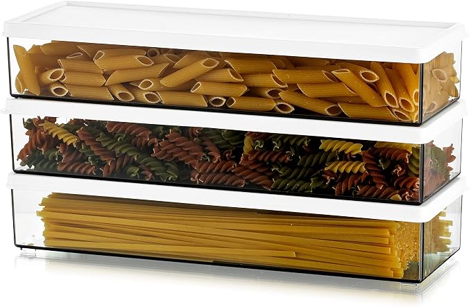 Hanobe Large Airtight Pasta Storage Containers, BPA-Free, 2.4L, 3-Pack | Stackable rectangular design, fits spaghetti, lasagna, noodles, clear grey plastic, for kitchen pantry and fridge by Hanobe