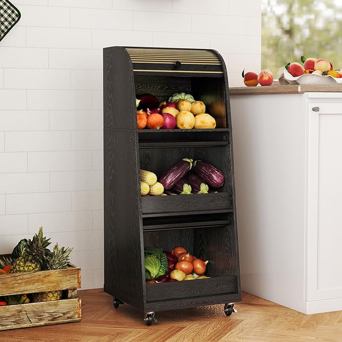 Movable Potato Storage Bins, Fruit Vegetable Basket, Kitchen Pantry Cabinet | Potato and Onion Storage Bin, for Bread, Mid Century Modern, Wooden, with Sliding Door and Wheels, Flip top, 3 Tier, Black by BuyNow