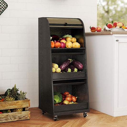 Movable Potato Storage Bins, Fruit Vegetable Basket, Kitchen Pantry Cabinet | Potato and Onion Storage Bin, for Bread, Mid Century Modern, Wooden, with Sliding Door and Wheels, Flip top, 3 Tier, Black by BuyNow