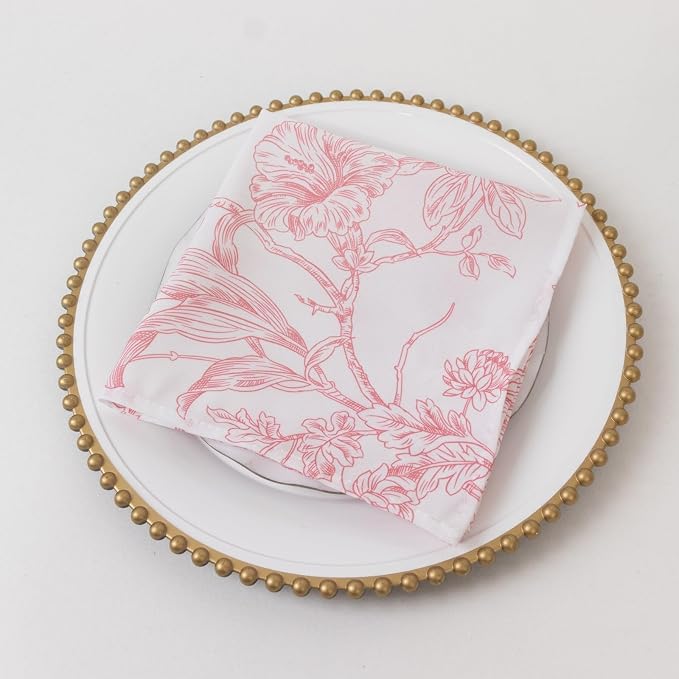 Efavormart Premium 5-Pack French Toile Cloth Napkins – 17"x17" Pink and White Reusable Polyester Table Napkins in Floral Design for Events & Dining - Image 2