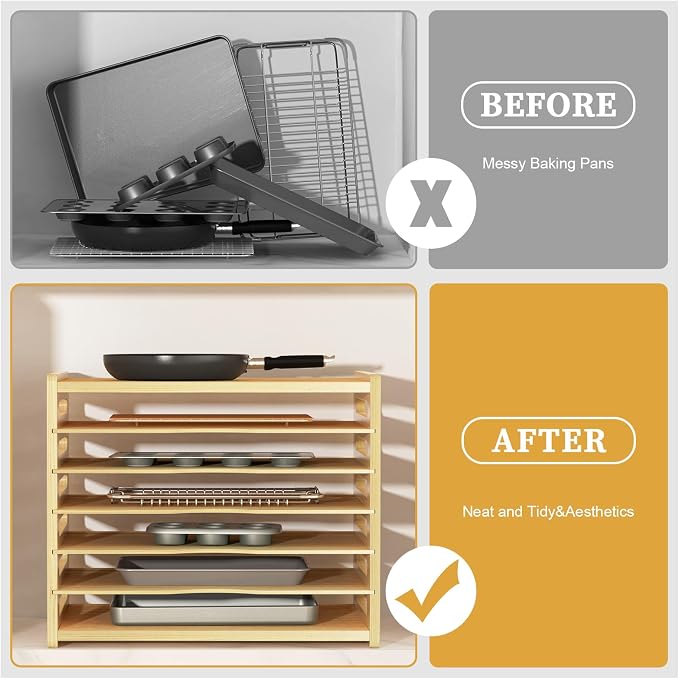 7 Tier Large Size Wooden Tray Dividers for Cabinets, Cookie Sheet Organizer | Premium Wood, Multiple Sizes, Saving Space, Vertical Tray Dividers for Storing pans, Baking trays, Cutting Board - Image 6