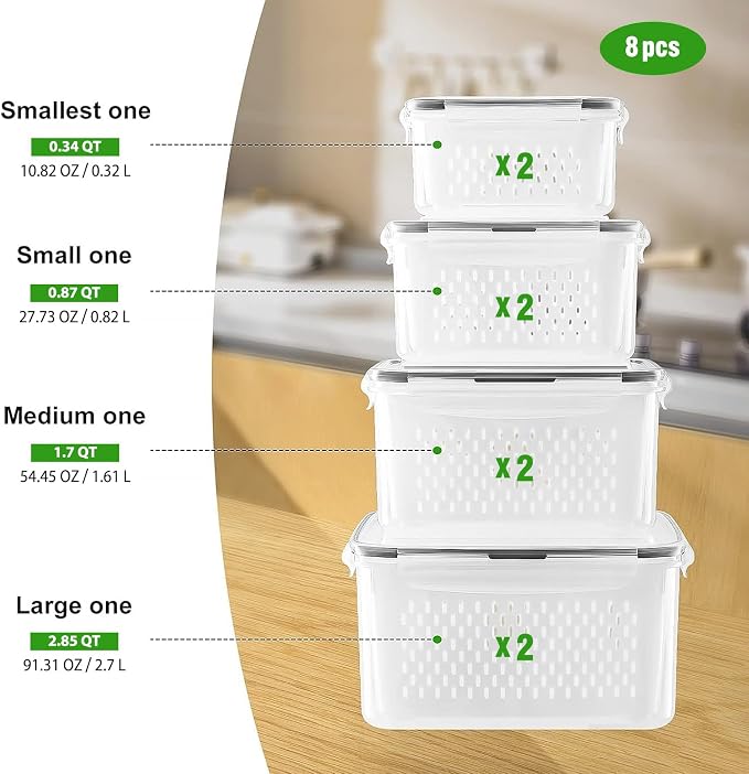 Fruit Storage Containers for Fridge with Removable Colander 8 pcs | Airtight Food Storage Container Dishwasher Safe Produce Saver for Refrigerator Keep Berry Fruit Fresh Longer Small Clear - Image 2