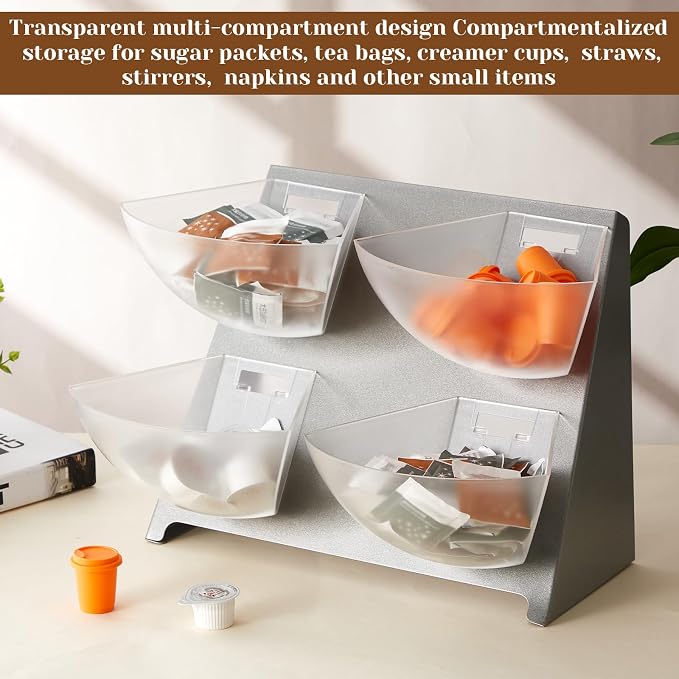 DoubleFill 15.5''x10''x 10.5'' Coffee Condiment Packet Organizer with 4 Removable Compartments Steel Coffee Caddy Station Creamer Sugar Tea Holder for Bar Countertop Office Kitchen Accessories(Silver) - Image 3