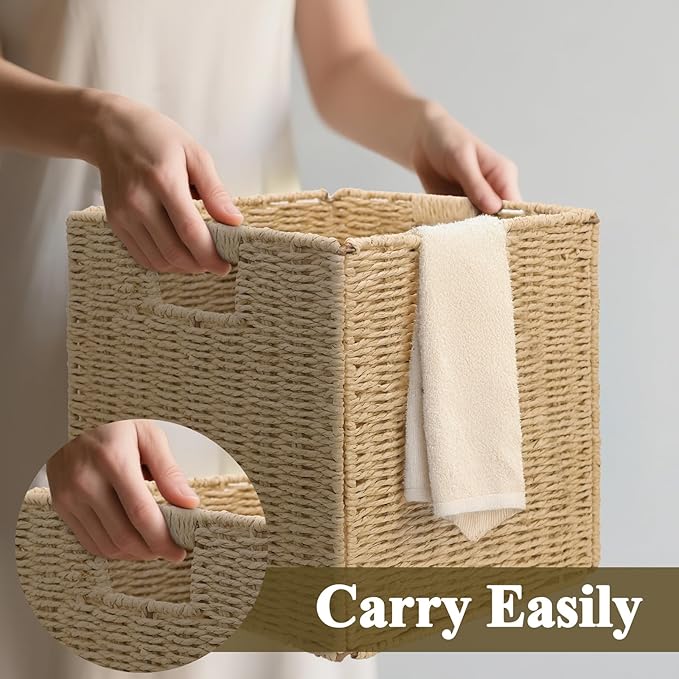 Wicker Storage Baskets for Organizing, 3 Pack Rustic Foldable Square Basket for Shelves, Handwoven Cubby Organizer Bins for Home Decor, Small Cube Storage Bin for Closet Organization (Natural 11 inch) - Image 4