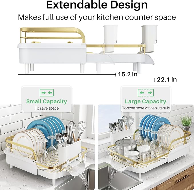 SNTD Expandable Dish Drying Rack for Kitchen Counter, 15.2-22.1 in, Gold | Rust-Resistant Stainless Steel, Protective Side Rails, Self-Draining Drainboard, Removable Utensil Holder - Image 3