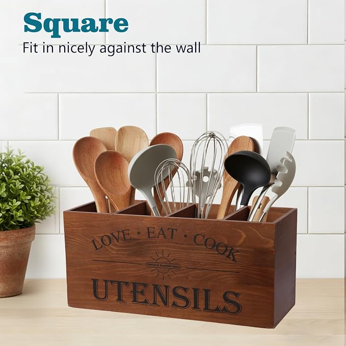 2 PC Wooden Utensil Holder,（With 4-Compartments size*1 + 3-Compartments size*1） Extra Large Kitchen Counter,Cooking Spatula Organizer,Farmhouse Decor, Rustic Cooking Utensil - Image 5