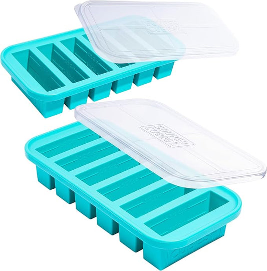 Souper Cubes 1/2 Cup Silicone Freezer Molds with Lids, Aqua, 2-Pack | 100% Platinum-Cured Silicone Freezer Cubes, Oven & Microwave Safe, Perfect for Freezing Broth, Sauces, Sides and More by SouperCubes%C2%AE