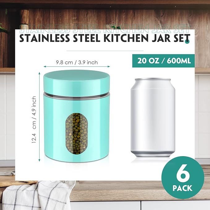 6 Pack Kitchen Canisters Set 20 oz Airtight Stainless Steel Canister Food Storage Container with Window Glass, Coffee Sugar Candy Jars Tea Organizer for Flour Cookies Spices Grains Kitchen(Turquoise) - Image 2