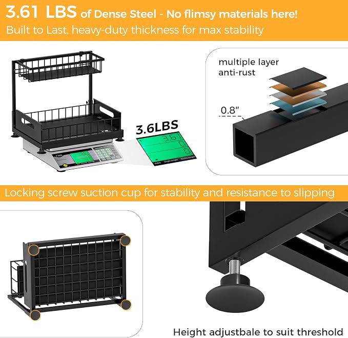 L-Shaped Under Sink Organizer, 2-Tier Pull-out Cabinet Rack 1-Pack | Black Height-Adjustable Steel Rack, Sliding Grid Drawers with PP Liners, Holds 100 Lbs, Suction Base, Ideal Kitchen Storage - Image 6