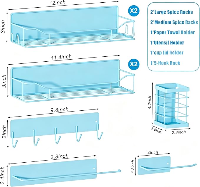 Magnetic Spice Rack for Refrigerator,8 Pack Magnetic Fridge Shelf, Moveable Spice Organizer with Hook Rack, Paper Towel Holder, Utensil Holder,cup lid holder, Super Magnetic Rack Set (Blue) - Image 2