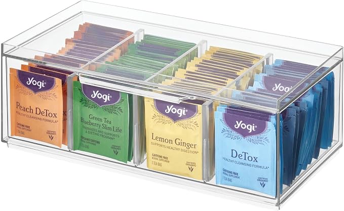 iDesign XL Tea Bag Organizer, Clear, 4-Section | For Counter, Storage Drawer for Cabinet by iDesign