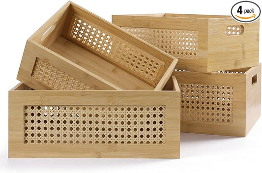 Rattan Wooden Box Set of 4 Handmade Decorative Storage Basket with Handles | Natural Bamboo Woven Storage Basket Rustic Farmhouse Decor Home Office Tabletop Shelf Drawer Closet Desk Organizer, Natural by LaMor%C3%A9e