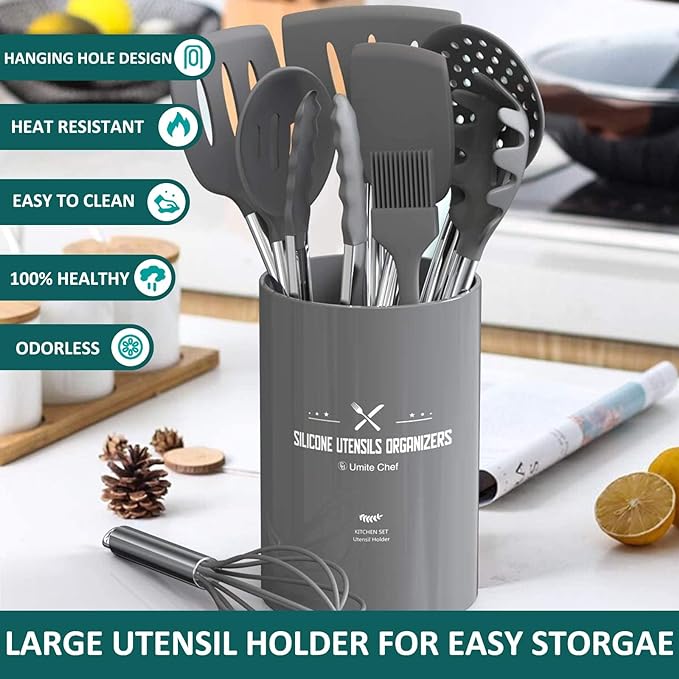 Stainless Steel Kitchen Cooking Utensil Set, Umite Chef 15 pcs Cooking Utensils - Nonstick Kitchen Utensils Cookware Set Spatula Set -Kitchen Gadgets Utensils Set, Kitchen Tools Gift (Gray) - Image 2