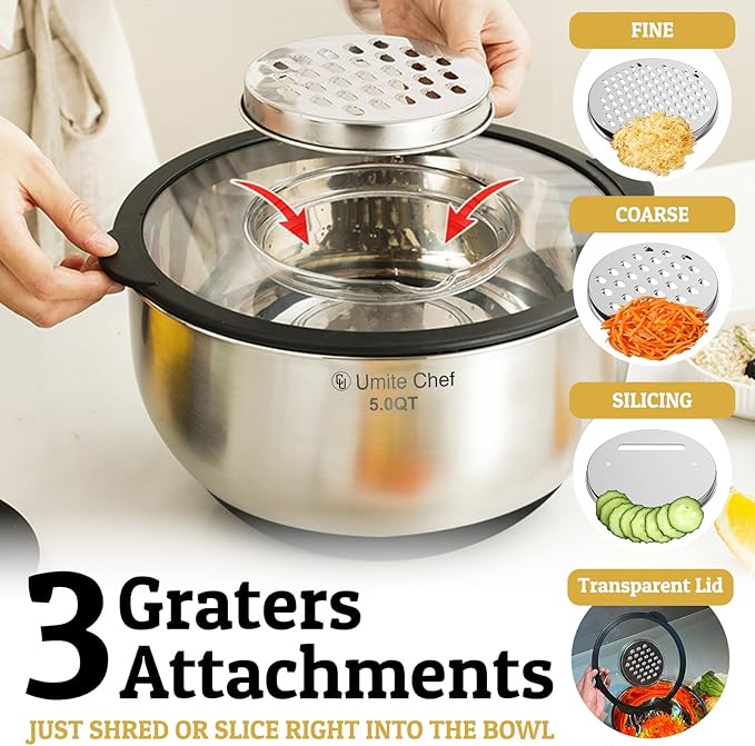 Mixing Bowls with Lids Set - Non-Slip, Airtight Warp-Proof TPR-AS Lids, Thicker Stainless Steel Bowls, Measurement Lines & 3 Graters, Prep Meal Bowl, Black Nesting Bowl for Kitchen, 5/3/2/1.5/0.63QT - Image 2