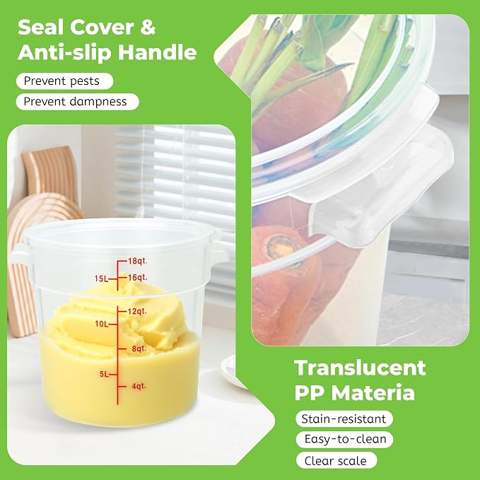 BIEAMA 4 Pack 18 Qt Round Food Storage Containers with Lids, Translucent PP | Include lids, labels, measuring cups and containers with capacity markings for food prep, pantry storage and dough proofing. - Image 5