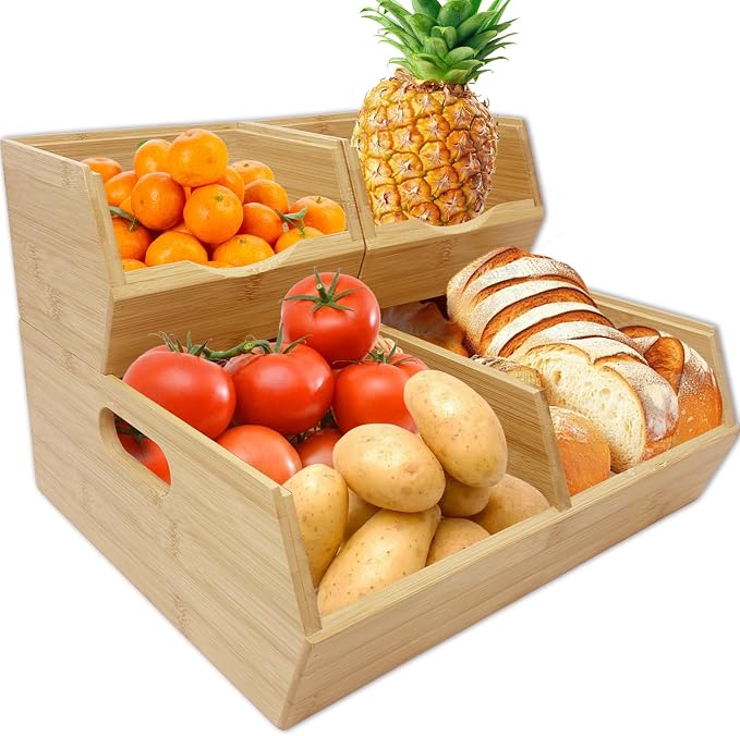 MinBoo Bamboo Stackable Pantry Storage Bins Potato and Onion Storage,Fruit Basket for Pantry Organization,Fruit Bowl for Kitchen Counter,Fruit and Vegetable Storage (Bamboo) by MinBoo