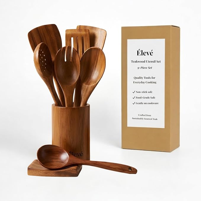 9 Piece Teak Wooden Spoons, Spatula & Ladle Set, Non-Stick Safe, Food Grade | Set of 7 Versatile Wood Spatula for Cooking & Serving, Includes Utensil Holder & Spoon Rest, Modern Kitchen Utensils & Tools by %C3%89LEV%C3%89