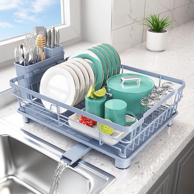 Dish Drying Rack - Space Saving Dish Rack - Dish Racks for Kitchen Counter with Drainboard,Rustproof Dish Drainer with Removable Utensil Holder,Blue by Ricobes