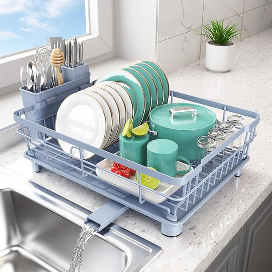 Dish Drying Rack - Space Saving Dish Rack - Dish Racks for Kitchen Counter with Drainboard,Rustproof Dish Drainer with Removable Utensil Holder,Blue by Ricobes