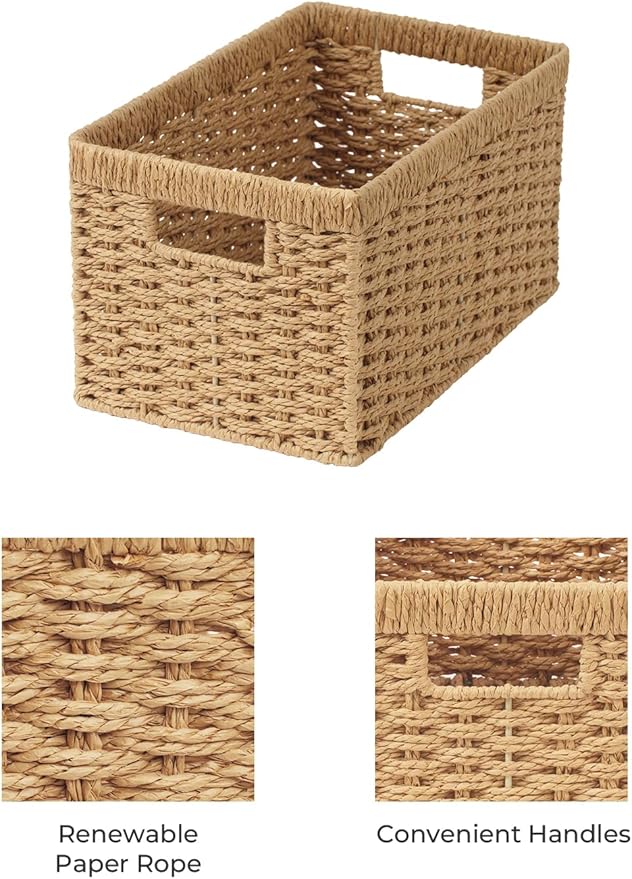 StorageWorks Wicker Storage Baskets for Shelves, Paper Rope Basket, 2-Pack | Rectangular Wicker Storage Baskets, Wicker Basket with Handles, Pantry Organizer and Storage, Woven Baskets,13"L x 8¼"W x 7"H - Image 3