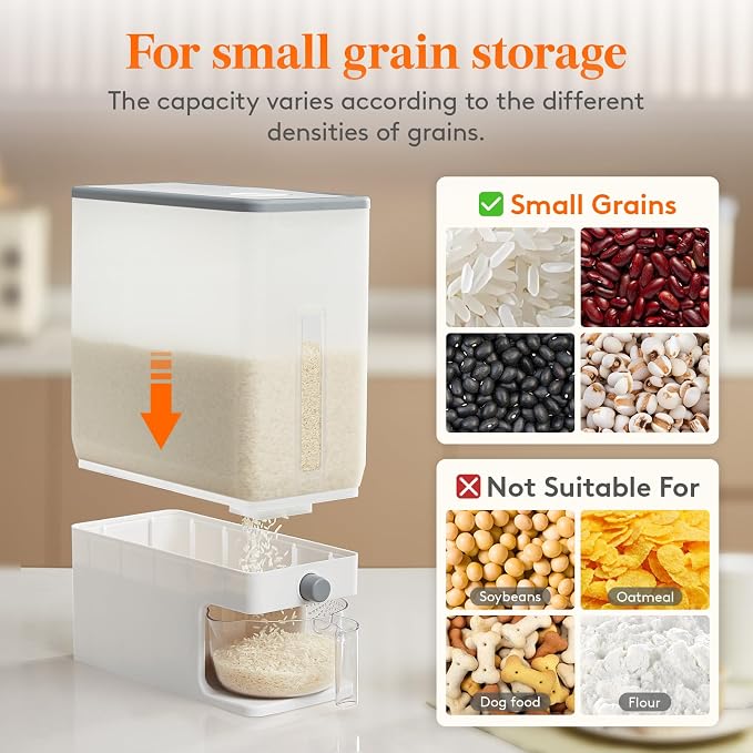 Lifewit Rice Dispenser 25 Lbs, Airtight Storage with Cup, 2 Pack Clear | BPA-Free 11.3kg Capacity Storage Container for Beans, Corn & Other Small Grains, One-Press Dispensing Bin for Kitchen Pantry - Image 6