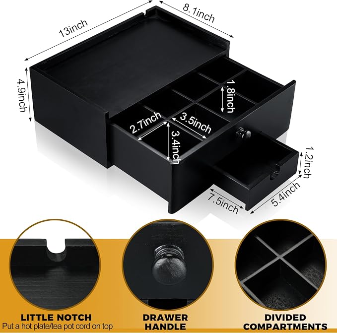 Cinnvoice Tea Bag Organizer Wood Tea Organizer Storage Box 8 Compartments Container Holder with Lid to Storage and Keep Fresh(Black) - Image 3