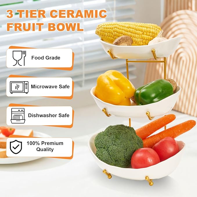 Fruit Bowl for Kitchen Counter with Gold Metal Stand | 3 Tier Fruit Holder,Tiered Fruit Basket for Fruit Vegetable Storage, Snack, Nuts, Cake, Dessert (White) - Image 4