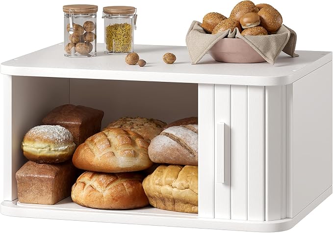 WOWLIVE Roll Top Bread Box for Kitchen Countertop, Bamboo Bread Storage | Airtight Bread Containers, Large Bread Bin with Sliding Door for Loaves, Bagels, Countertop Storage Cabinet, White, Medium by WOWLIVE
