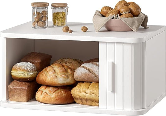 WOWLIVE Roll Top Bread Box for Kitchen Countertop, Bamboo Bread Storage | Airtight Bread Containers, Large Bread Bin with Sliding Door for Loaves, Bagels, Countertop Storage Cabinet, White, Medium by WOWLIVE