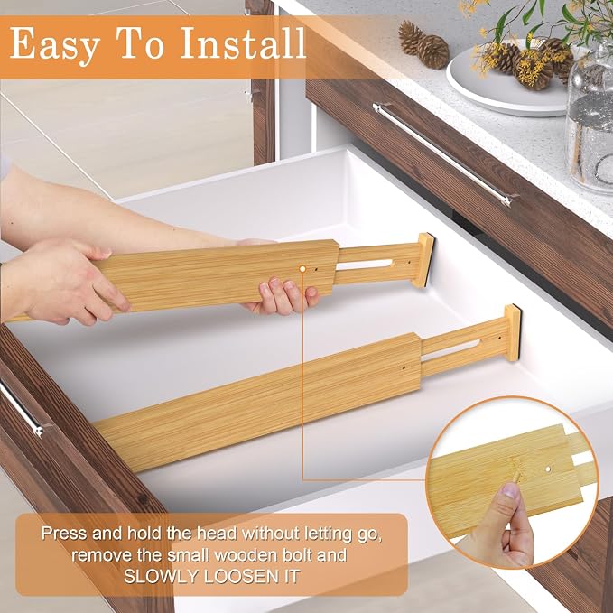 Bamboo Drawer Dividers, Adjustable Drawer Organizers, Fits 17.6–21" Drawers | 2.5" High, 4 Pack Expandable Drawer Separators for Kitchen, Nursery, Dressers & Office Storage, Natural - Image 6