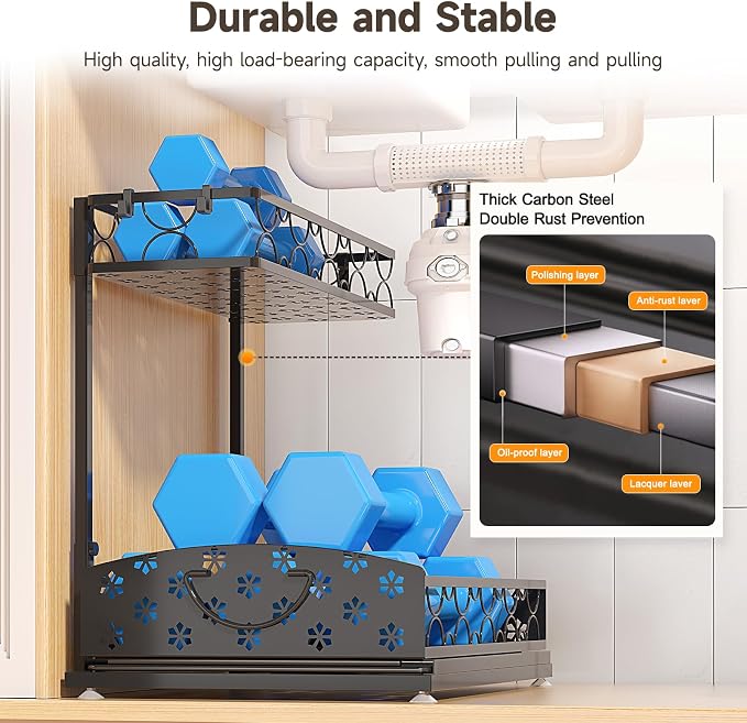 2-Pack 2-Tier Height Adjustable Under Sink Organizer & Storage | Multi-purpose storage for kitchen & bathroom cabinet. Extra Large metal shelf, height adjustable design for space-saving. - Image 5